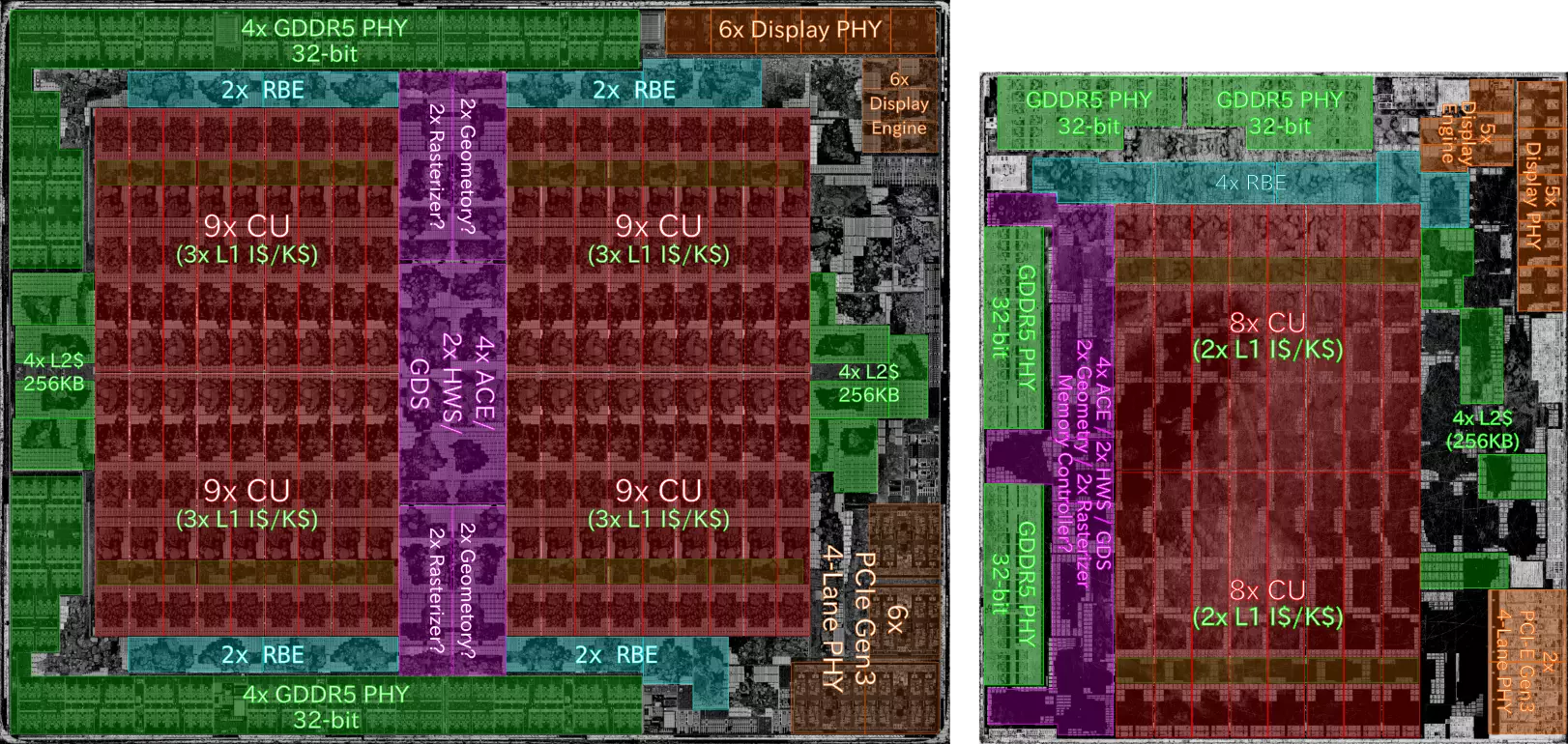 Process: GF 14nm / GF 14nm
DieSize: 243.78mm2 / 129.40mm2
画像出典:AMD@14nm@GCN\_4th\_gen@Polaris\_10@Radeon\_RX\_470@1622\_M60J5.0… | Flickr
AMD@14nm@GCN\_4th\_gen@Polaris\_11@Radeon\_RX\_460@1628\_NAA2Y.1… | Flickr